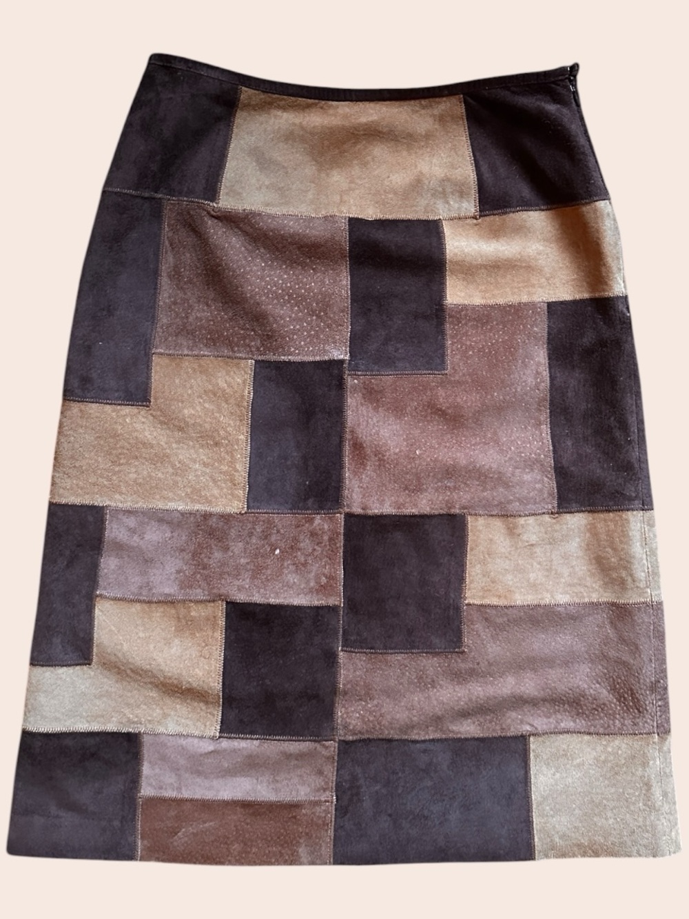 Monsoon Suede Patchwork Pencil Skirt in Brown and Tan